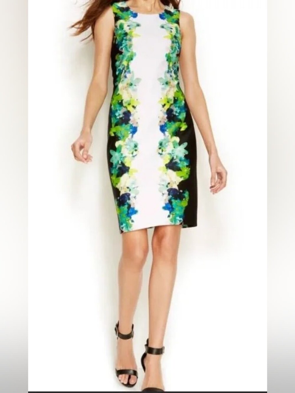 Calvin Klein Black and White Dress with Green Floral Design